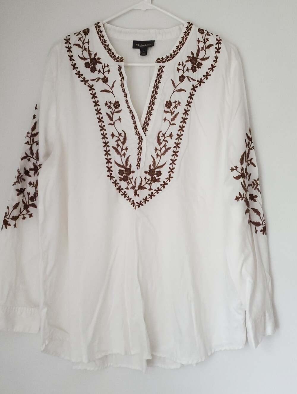 Style & Co Womens Embroidered Tunic Size XL V-neck Long Sleeve Top Boho Casual